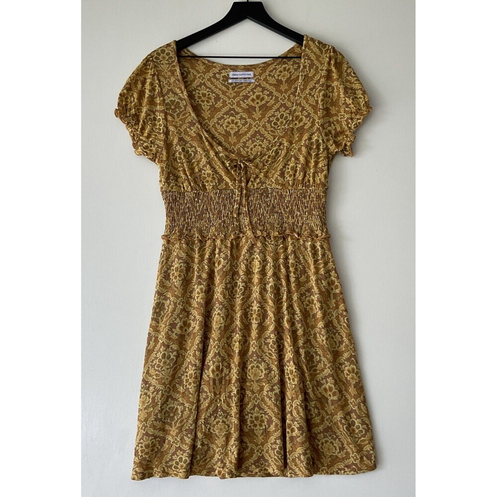 Urban Outfitters Yellow Floral Mini Dress Large Short Sleeve Boho Babydoll Y2K